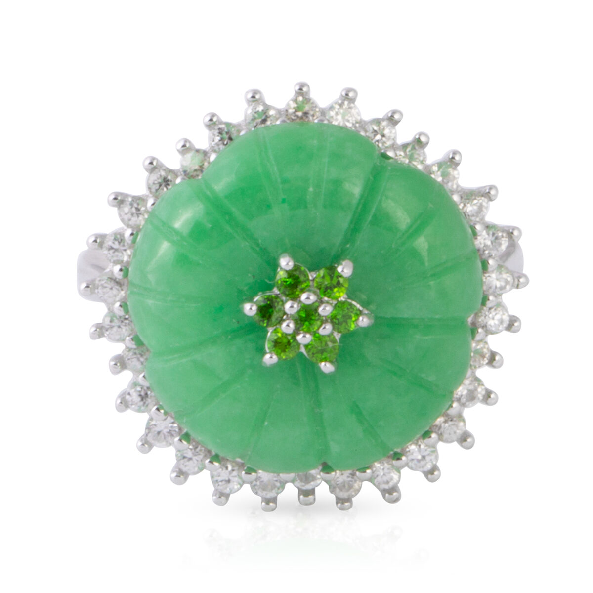 Carved Green Jade, Natural Cambodian White Zircon and Chrome Diopside Flower Ring in Rhodium Overlay Sterling Silver 10.810 Ct.