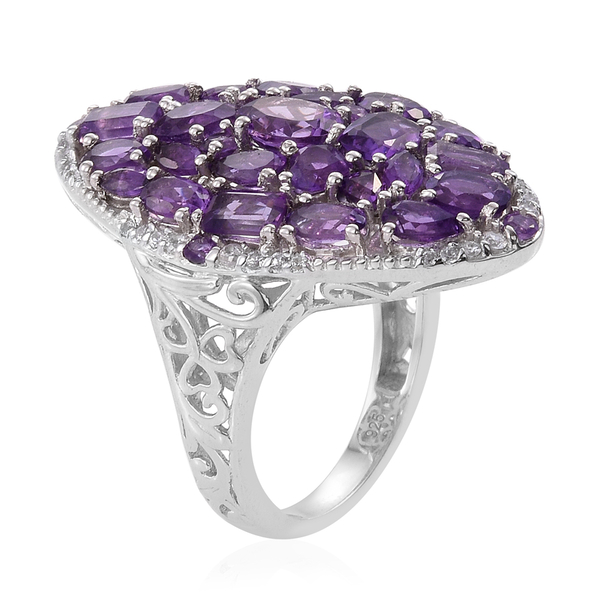Amethyst and Natural Cambodian Zircon Cluster Ring in Platinum Overlay Sterling Silver 6.750 Ct. Silver wt 6.50 Gms.