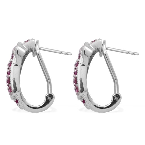 AAA Ruby (Rnd), White Topaz Buckle Earrings (with French Clip) in Rhodium Plated Sterling Silver 2.500 Ct.