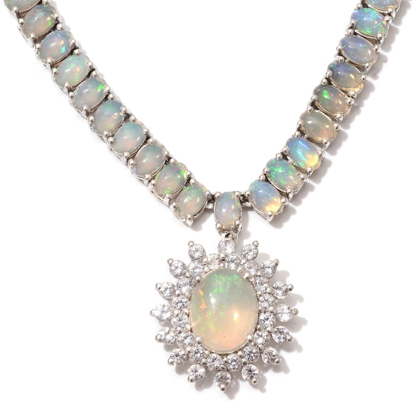 Ethiopian Welo Opal (Ovl 1.40 Ct), White Topaz Necklace (Size 18) in Platinum Overlay Sterling Silve