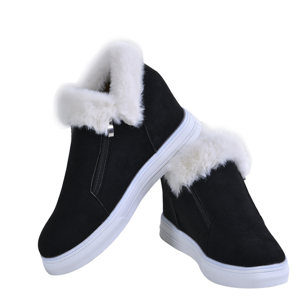 Faux Fur Wedge Trainer Boots (Size 3) - Black