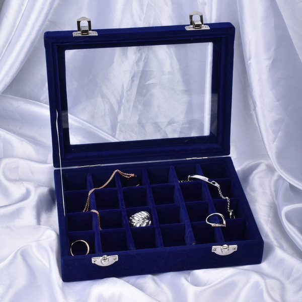 24 Sections Jewellery Box Organiser with Velvet Lining and Transparent Window (Size 20x15x4.5cm) - Navy