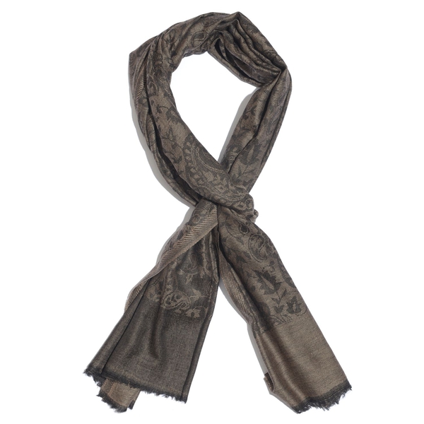 Limited Available - 88% Merino Wool and 12% Silk Chocolate, Black and Multi Colour Shawl with Fringes (Size 180x70 Cm)