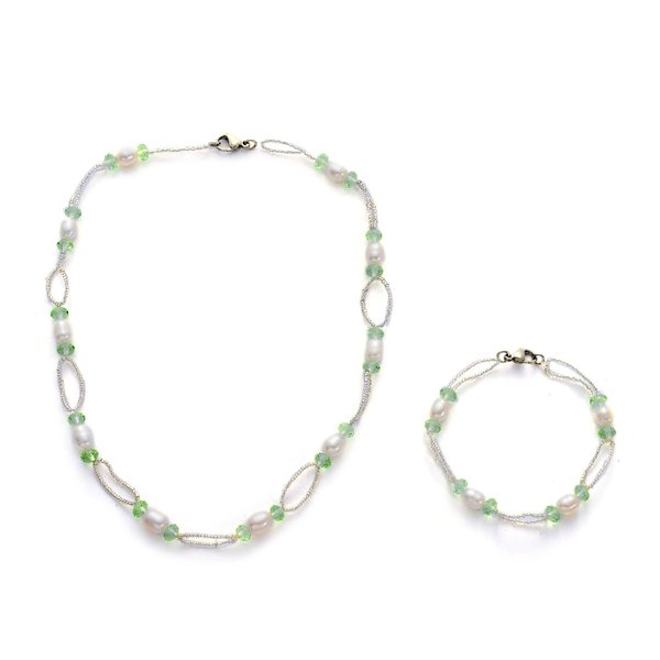 Fresh Water White Pearl, Green and White Glass Necklace (Size 18) and Bracelet (Size 7.5) in Stainle