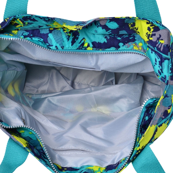 Designer Inspired Turquoise and Multi Colour Printed Hand Bag With External Pocket (Size 40x30x11 Cm)