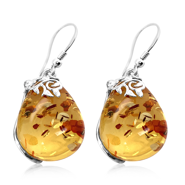 Champange Baltic Amber Earrings (With Fish Hook) in Sterling Silver, Silver Wt. 7.80 Gms