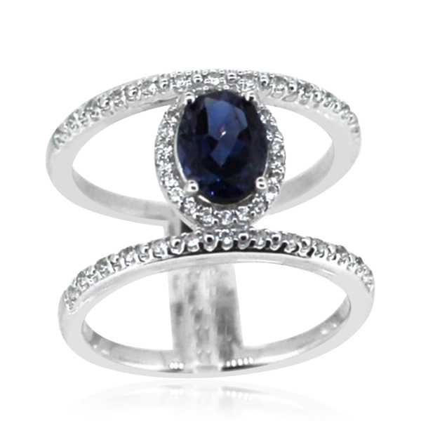 Iolite (Ovl 1.00 Ct), White Topaz Ring in Rhodium Plated Sterling Silver 1.260 Ct.