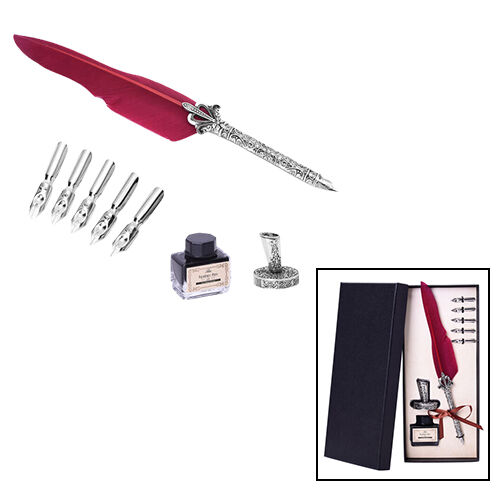 Set of Burgundy Feather Pen with Pen Stand, Black Ink (15ml) and 6-Different Nip Shapes in Silver Tone