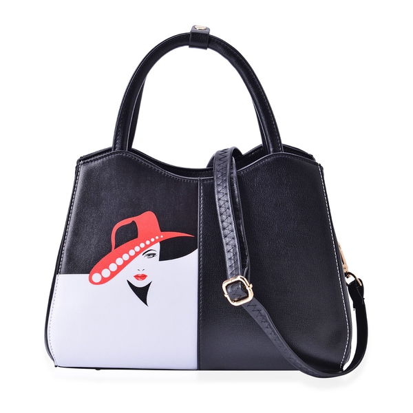 Girl with Hat Printed Black, White and Red Colour Tote Bag with External Zipper Pocket and Adjustabl