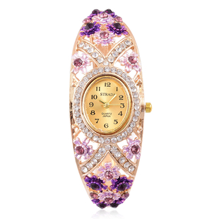 STRADA Japanese Movement Sunshine Dial Garden Theme Bangle Watch in Yellow Gold Tone with White and 