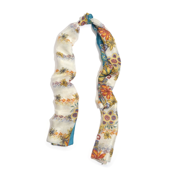 100% Mulberry Silk Multi Colour Floral, Leaves and Paisley Printed White Colour Scarf with Blue Boundaries (Size 175x100 Cm)