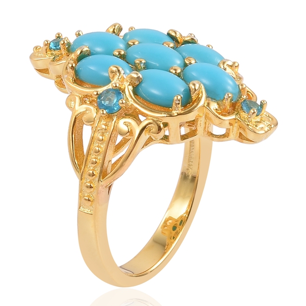 Arizona Sleeping Beauty Turquoise (Ovl), Malgache Neon Apatite Ring in Yellow Gold Overlay Sterling Silver 2.250 Ct. Silver wt 5.98 Gms.