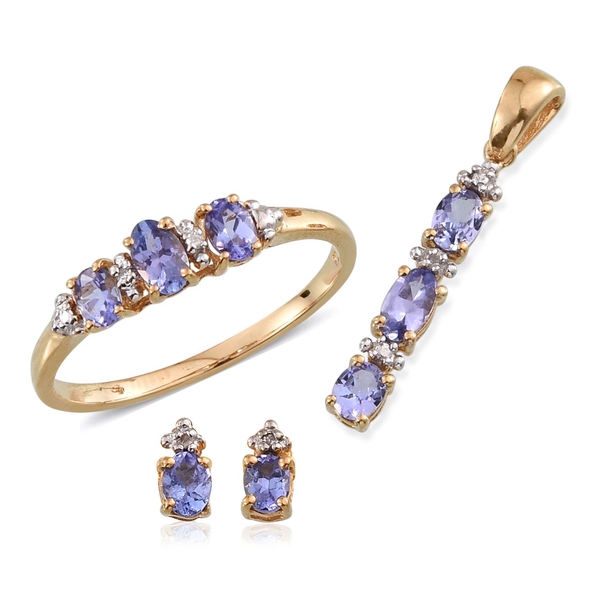 Tanzanite (Ovl), Diamond Ring, Pendant and Stud Earrings (with Push Back) in 14K Gold Overlay Sterli