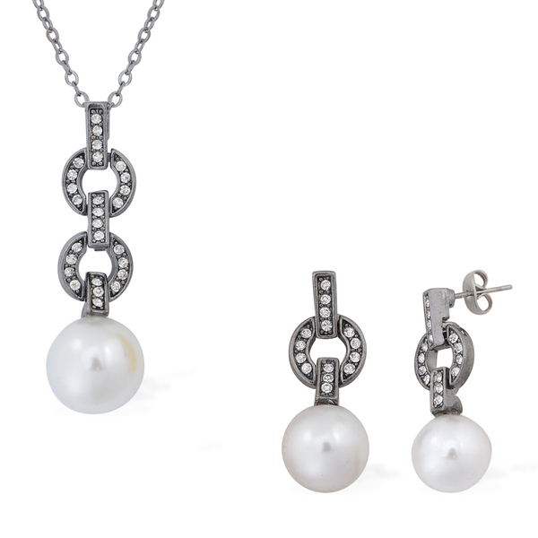 White Austrian Crystal and Simulated White Pearl Pendant With Chain (Size 18) and Earrings (with Pus