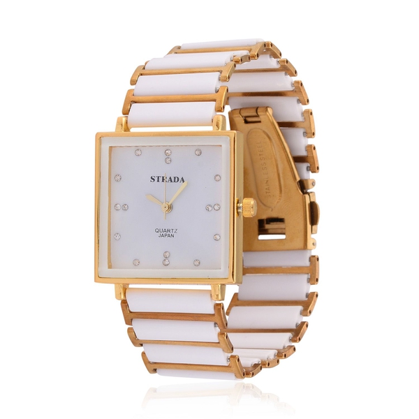 STRADA Japanese Movement White Austrian Crystal Studded White Dial Water Resistant Watch in Gold Ton
