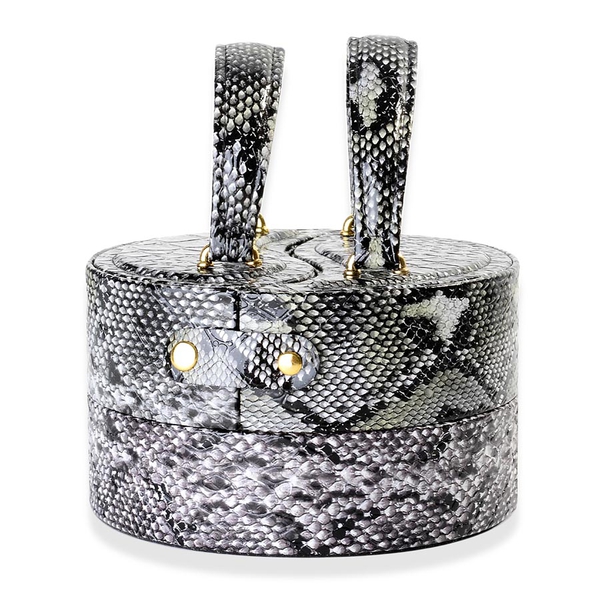 Round Shape Snakeskin Pattern Black Colour 3 Layer Jewellery Box (Height 8.5 Cm, Diameter 15 Cm)