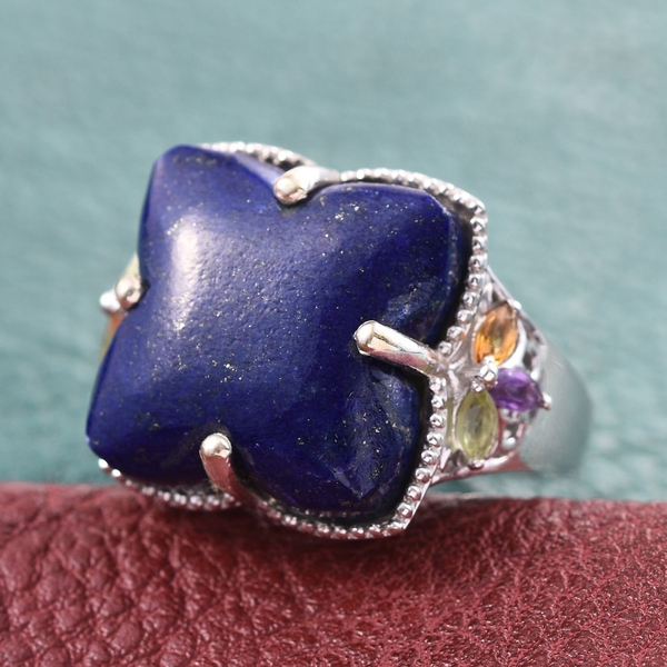 Stefy Lapis Lazuli, Hebei Peridot, Citrine, Amethyst and Pink Sapphire Ring in Platinum Overlay Sterling Silver 25.750 Ct.