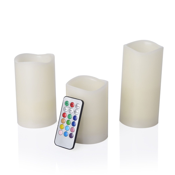 Set of 3 - 12 Colour Changing LED Flameless Wax Blowing White Colour Candles with a Remote Control (