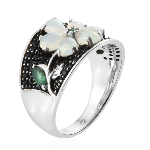 Ethiopian Welo Opal (Pear), Boi Ploi Black Spinel and Kagem Zambian Emerald Floral Ring in Platinum and Black Rhodium Overlay Sterling Silver 2.500 Ct. Silver wt 6.80 Gms.