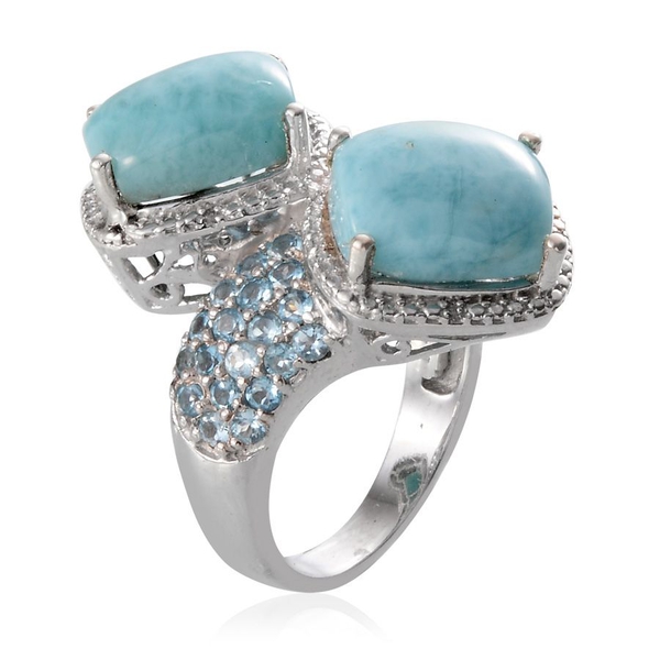 Larimar (Cush), Blue Topaz and Diamond Ring in Platinum Overlay Sterling Silver 13.020 Ct.