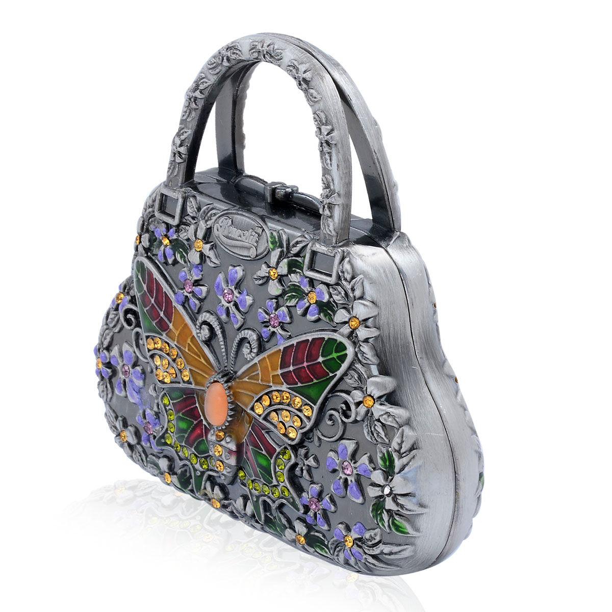 Multi Colour Enameled Flower and Butterfly Pattern Handbag Shape Compact Mirror in Silver Tone with Simulated Orange Cats Eye