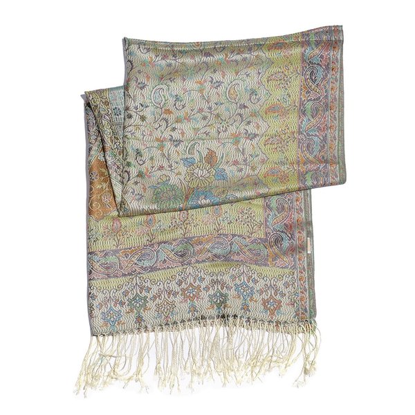 SILK MARK - 100% Superfine Silk Multi Colour Floral and Leaves Pattern Cream Colour Jacquard Jamawar Scarf with Fringes (Size 180x70 Cm) (Weight 125-140 Grams)