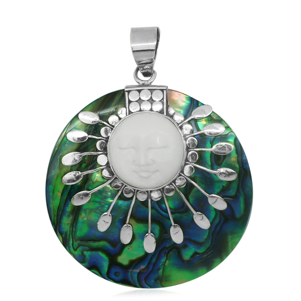 Princess Bali Collection OX Bone Carved Face and  Abalone Shell Pendant in Sterling Silver 36.700 Ct