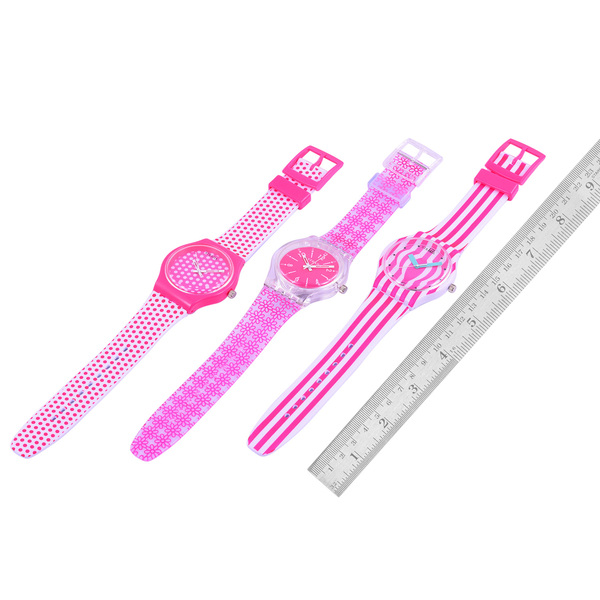 Set of 3 - STRADA Japanese Movement Pink and White Colour Stripes, Polka Dots and Floral Pattern Watch with Silicone Strap