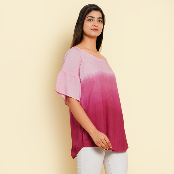 TAMSY 100% Viscose Ombre Print Short Sleeve Top (Size L,16-18) - Pink & Magenta