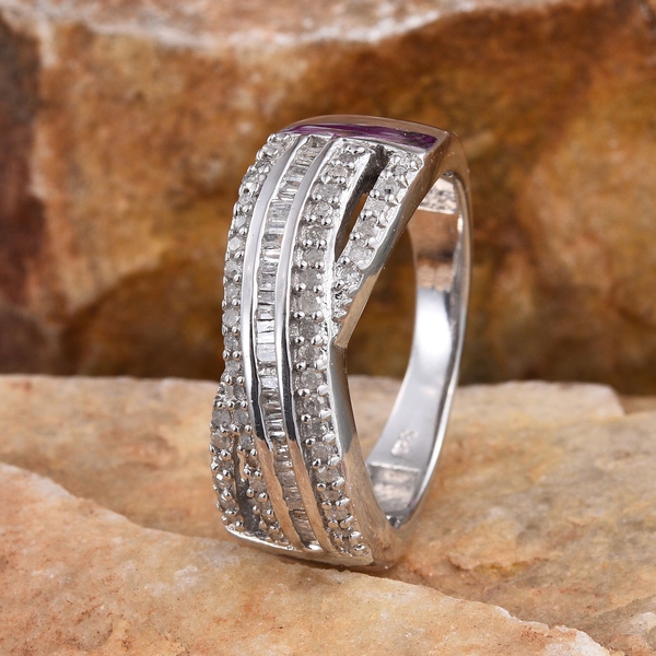 Diamond (Bgt) Criss Cross Ring in Platinum Overlay Sterling Silver 0.500 Ct.
