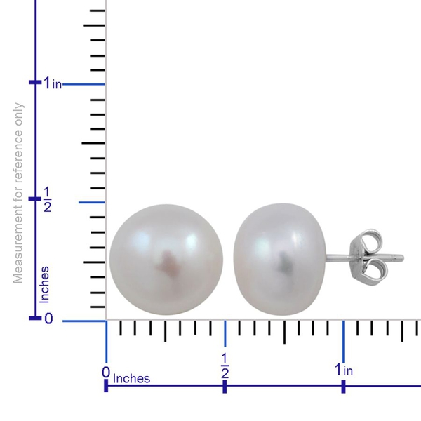Fresh Water White Pearl (Size 13-14 mm) Ball Stud Earrings (with Push Back) in Rhodium Plated Sterling Silver 20.000 Ct.
