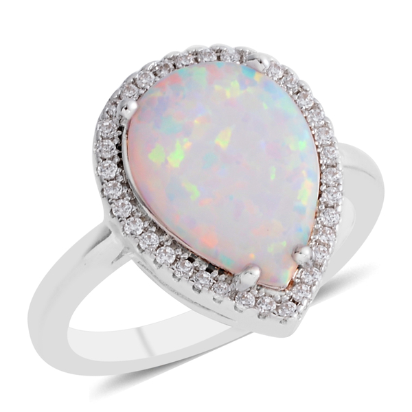 New Concept - Simulated Opal (Pear), Simulated Diamond Ring in Silver Plated