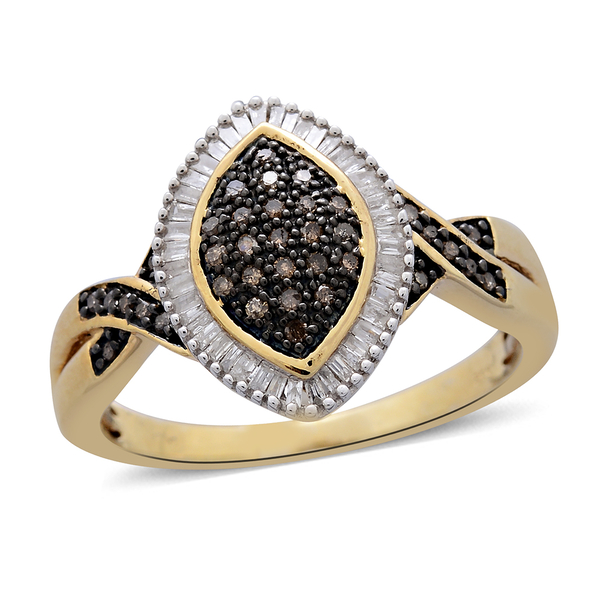Natural Champagne Diamond (Rnd), White Diamond Ring in Black Rhodium and 14K Gold Overlay Sterling S