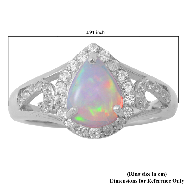 Ethiopian Welo Opal and Natural Cambodian Zircon Ring in Rhodium Overlay Sterling Silver 1.58 Ct.