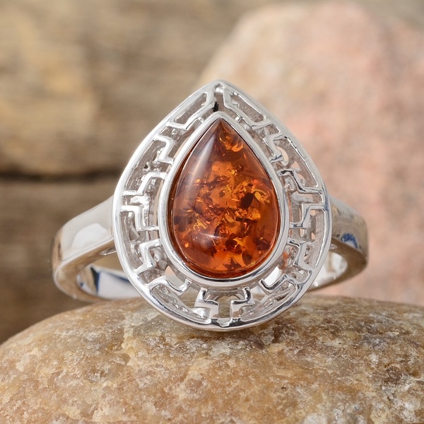 Baltic Amber (Pear) Solitaire Ring in Platinum Overlay Sterling Silver 1.250 Ct.