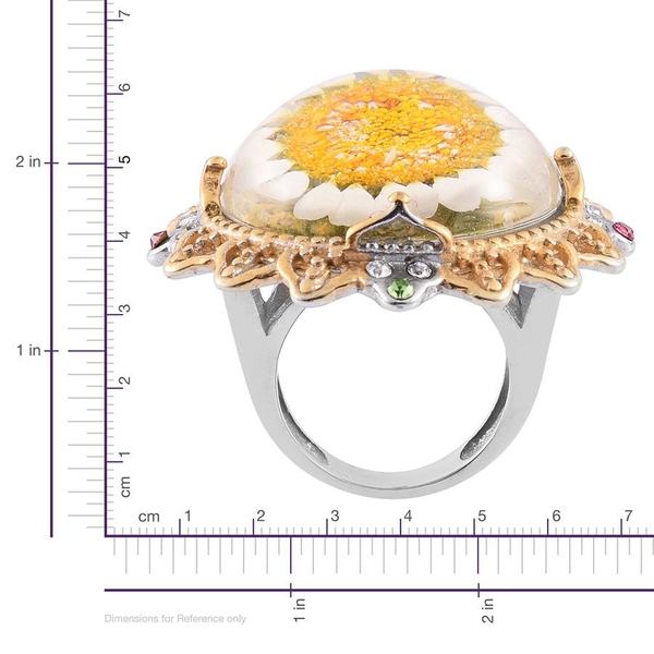 Natural Flower Preserved with Multi Colour Austrian Crystal Ring in ION Plated Gold with Stainless Steel