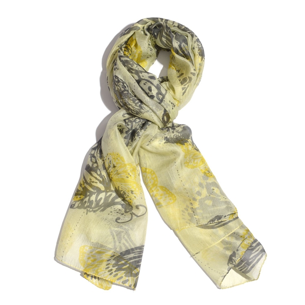 100% Mulberry Silk Green and Multi Colour Butterfly Printed Yellow Colour Scarf (Size 180x100 Cm)
