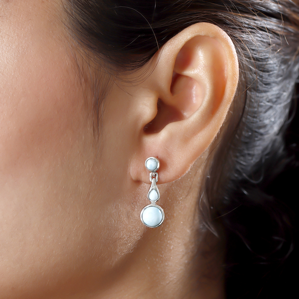 Larimar Dangling Earrings (with Push Back) in Platinum Overlay Sterling Silver 4.58 Ct.