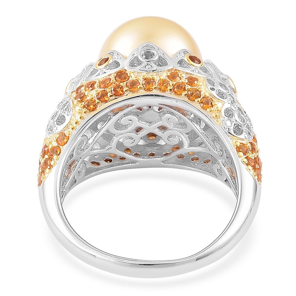 Very Rare AAA South Sea Golden Pearl (Rnd 11.5-12mm), Madeira Citrine and Natural Cambodian Zircon Ring in Rhodium and Yellow Gold Overlay Sterling Silver