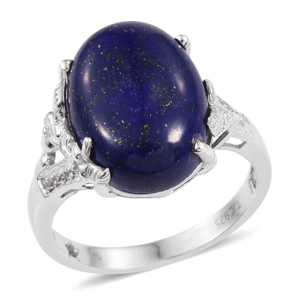 GP Lapis Lazuli (Ovl 14.40 Ct), Kanchanaburi Blue Sapphire and White Topaz Ring in Platinum Overlay 