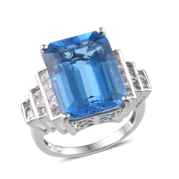 Electric Swiss Blue Topaz (Oct 19.50 Ct), White Topaz Ring in Platinum Overlay Sterling Silver 20.75