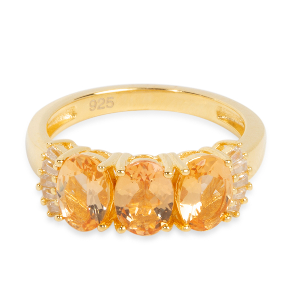Extremely Rare-Imperial Topaz (Ovl), Natural Cambodian White Zircon Trilogy Ring in Gold Overlay Sterling Silver 2.700 Ct.
