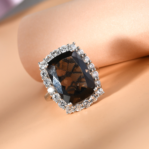 Columbianite and Natural Cambodian Zircon Ring in Platinum Overlay Sterling Silver 11.30 Ct.