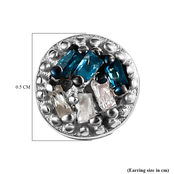 Teal Blue and White Diamond Stud Earrings (With Push Back) in Platinum Overlay Sterling Silver