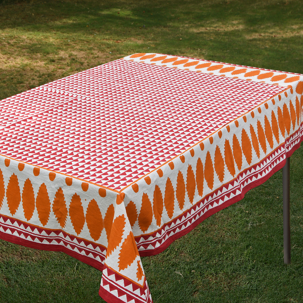 100% Cotton Orange, Red and White Colour Hand Block Printed Table Cover (Size 235x150 Cm)