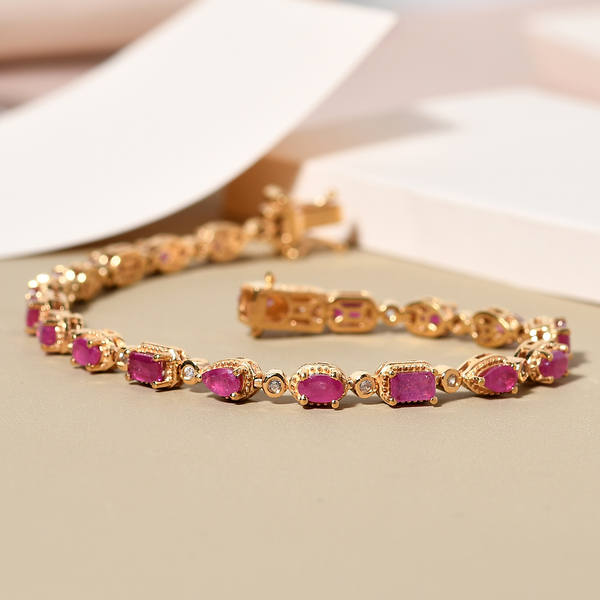 African Ruby (FF) and Natural Cambodian Zircon Bracelet (Size - 7) in 14K Gold Overlay Sterling Silver 7.62 Ct, Silver Wt. 10.30 Gms