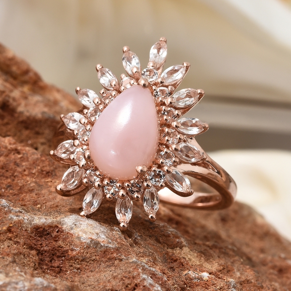 Peruvian Pink Opal (Pear 1.85 Ct), White Topaz Ring in Rose Gold Overlay Sterling Silver 4.000 Ct. Silver wt 5.06 Gms.