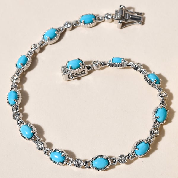 Arizona Sleeping Beauty Turquoise and Natural Cambodian Zircon Bracelet (Size - 8) in Platinum Overlay Sterling Silver 5.44 Ct, Silver Wt. 11.48 Gms