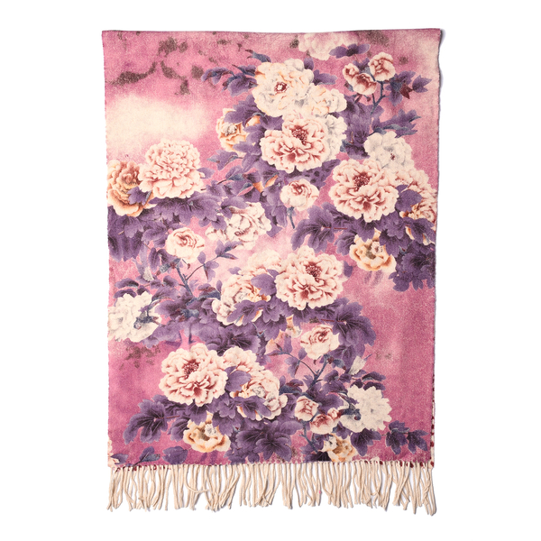 LA MAREY Super Soft 100% Lambswool Reversible Beige Leopard and Dusty Pink Floral Pattern Shawl with Tassels (180x65cm)