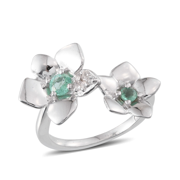 Boyaca Colombian Emerald (Rnd), White Topaz Floral Ring in Platinum Overlay Sterling Silver 0.500 Ct